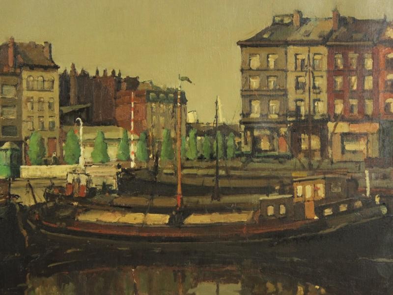 Groot olieverfschilderij 'Antwerps Eilandje' - Remi Van Sluys (1907-1994)