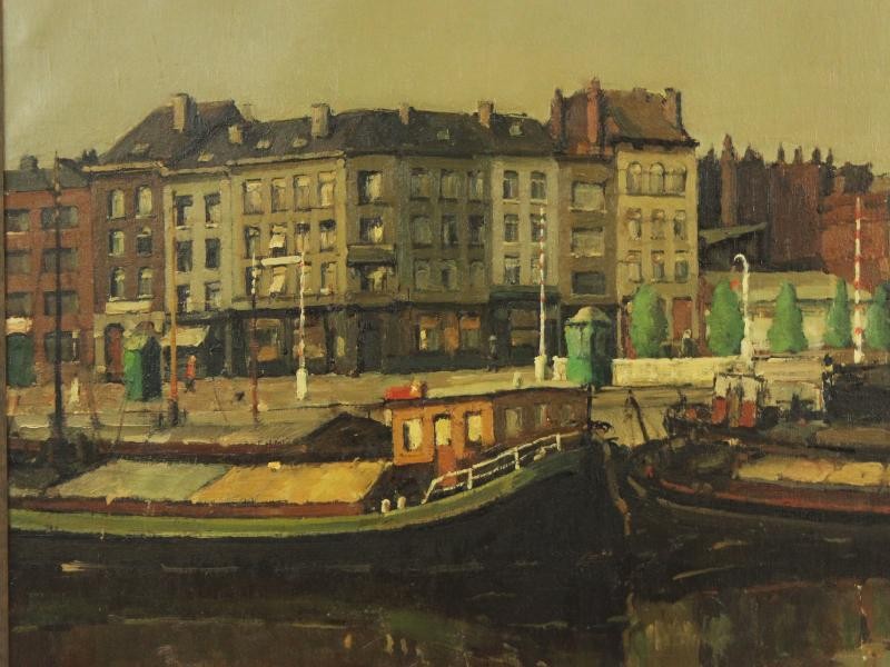 Groot olieverfschilderij 'Antwerps Eilandje' - Remi Van Sluys (1907-1994)