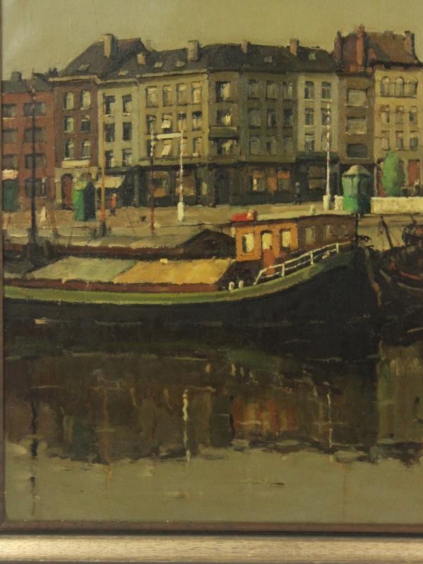 Groot olieverfschilderij 'Antwerps Eilandje' - Remi Van Sluys (1907-1994)