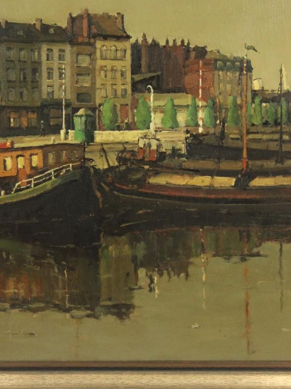 Groot olieverfschilderij 'Antwerps Eilandje' - Remi Van Sluys (1907-1994)