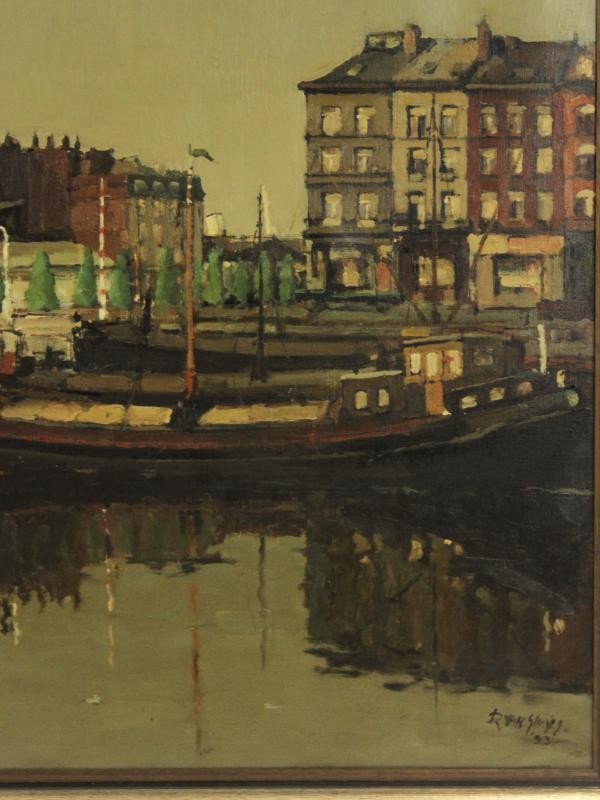 Groot olieverfschilderij 'Antwerps Eilandje' - Remi Van Sluys (1907-1994)