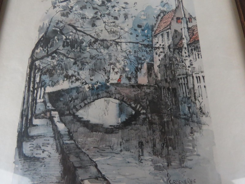 Jan Korthals "Groene Reie Brugge" aquarel print