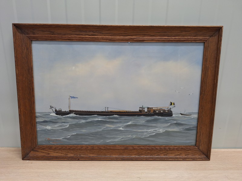 Schilderij van een vrachtschip in volle zee - C. Meulande - 1937