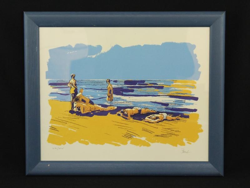 Kleurenlitho van zonnebaders aan de kust gesigneerd Frank 19/25