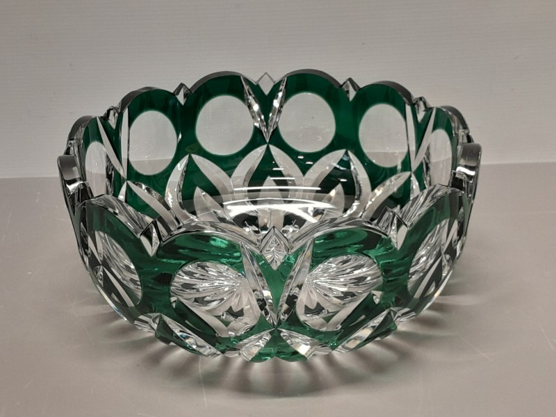 Val Saint Lambert Kristallen Schaal - Groene Overlay met Fijne Gravures