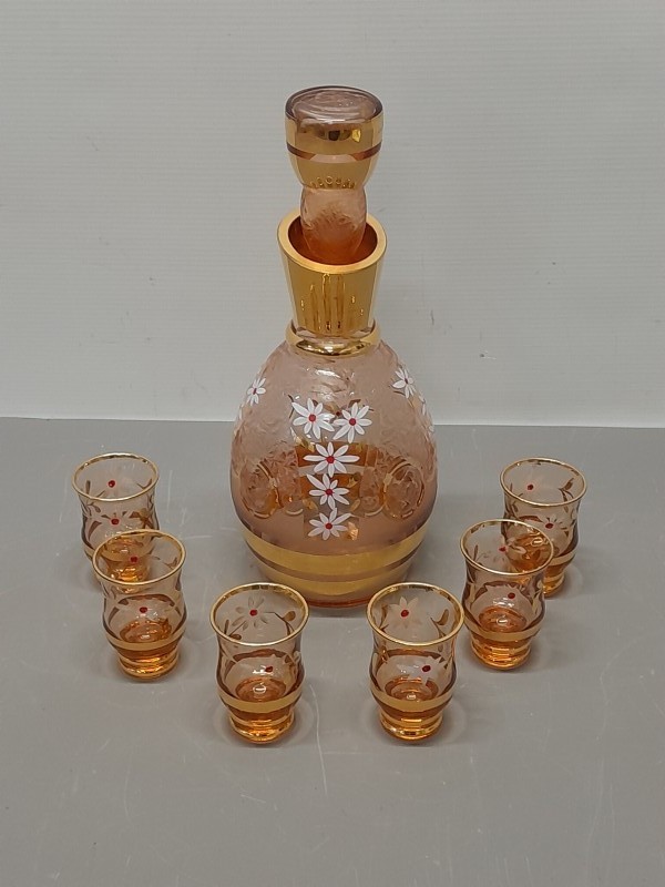 Art Deco Glaswerk – Boom Karaf met 6 Glaasjes in Amberkleur