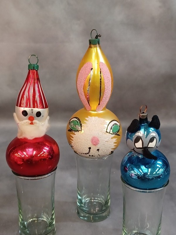 Vintage lot van 3 handgeschilderde glazen kerstfiguren