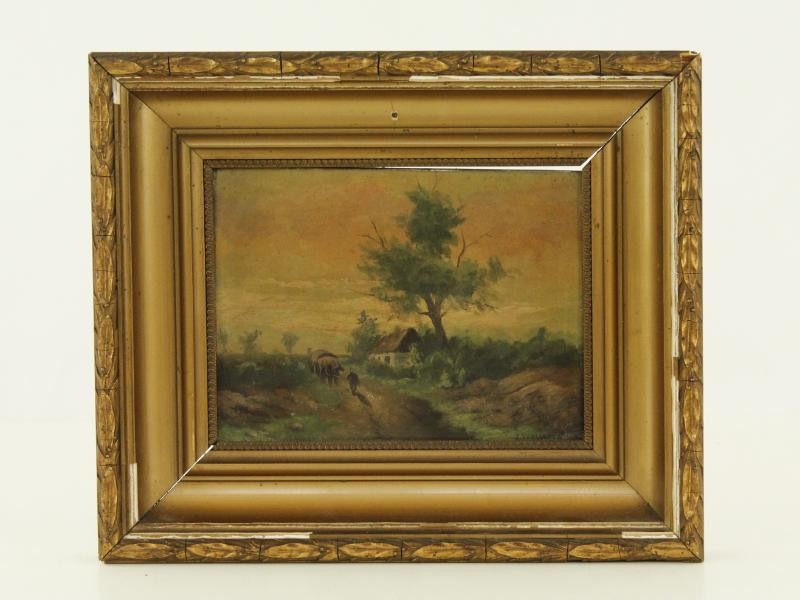 Olieverf op paneel landweg met boerderij paard en kar gesigneerd J. Verlinden