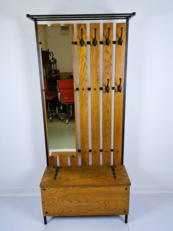 Vintage kapstokmeubel met spiegel en opbergbank – hout en metaal – jaren 60.