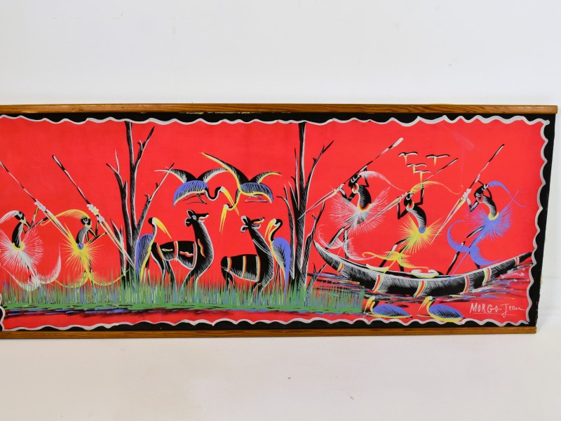 Afrikaans schilderij van Morgo Jean op rood doek.