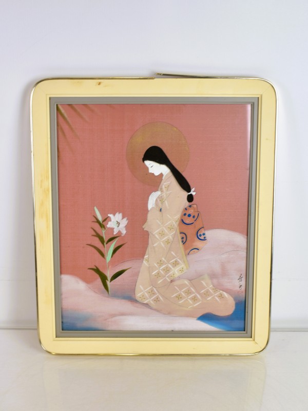 Japans schilderij op zijde – serene vrouw met lelie, gesigneerd.