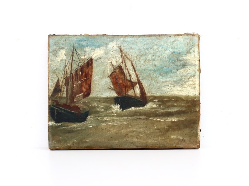 Klein olieverfschilderij "Boten op zee" - A. Flamant