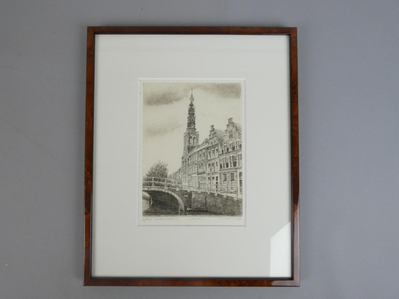 Ets stadsgezicht Leiden - Genummerd en gesigneerd