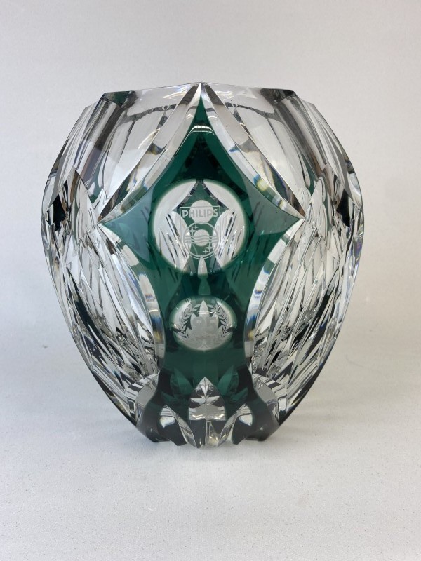 Val Saint Lambert groene kristallen geslepen vaas – zeldzame Philips editie (1994)