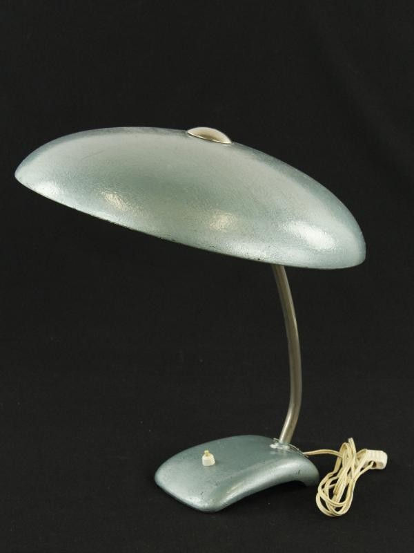 Vintage turqoise metalen bureaulamp met paddenstoelvormige kap