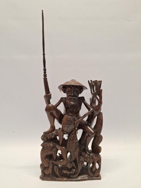 Vintage handgesneden houten vissersbeeld - Aziatisch (Bali/China) - gedetailleerd houtsnijwerk