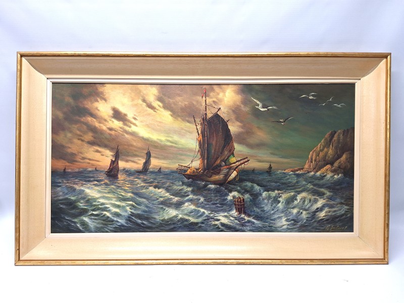 Olieverfschilderij damatisch zeegezicht met zeilschepen en stormlucht - M. Soetaert