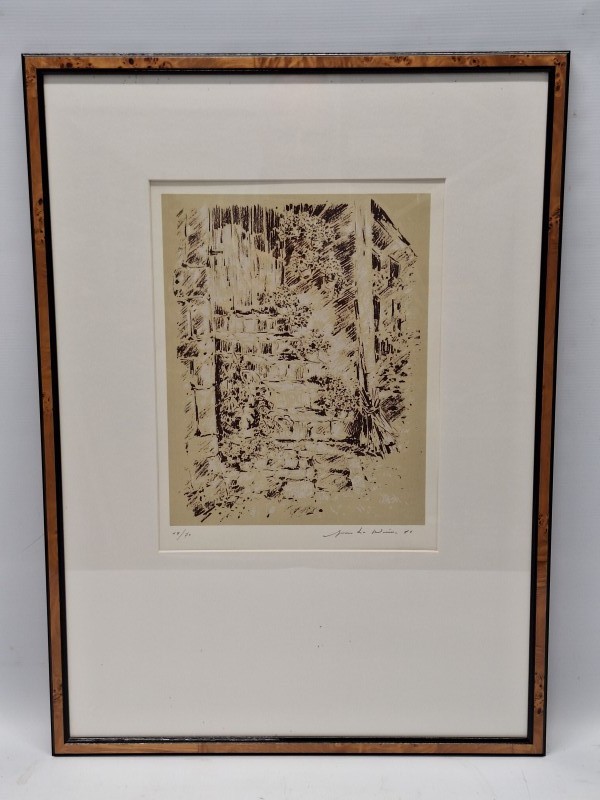 Originele grafische litho | Rustieke tuintrap | Gelimiteerde oplage 19/70 - Jean De Witte - 1986