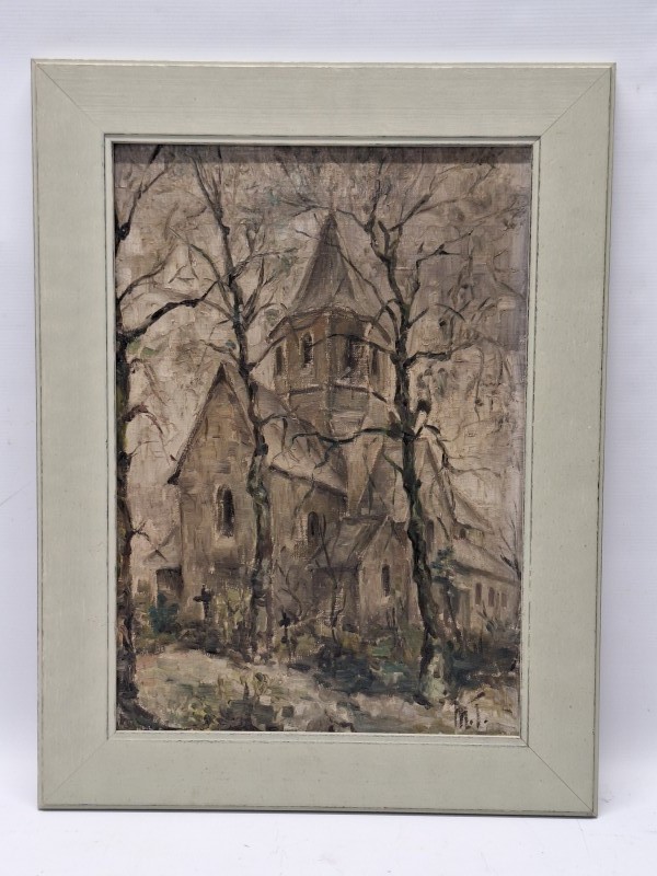 Sfeervol Postimpressionistisch Olieverfschilderij 'Plattelandskerk' - Gemonogrammeerd M.T.