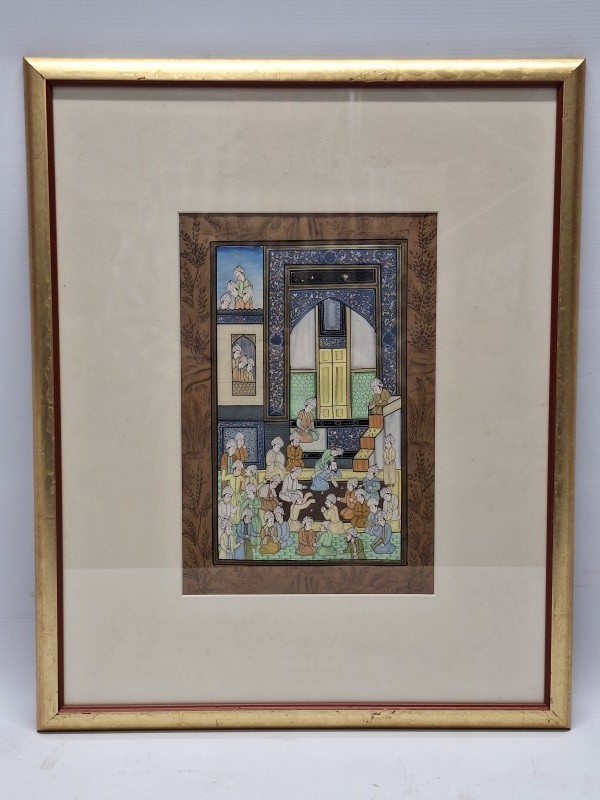 Perzische Miniatuur “Scandal in a Mosque” - Oosterse Hofscène in Goudkleurige Lijst
