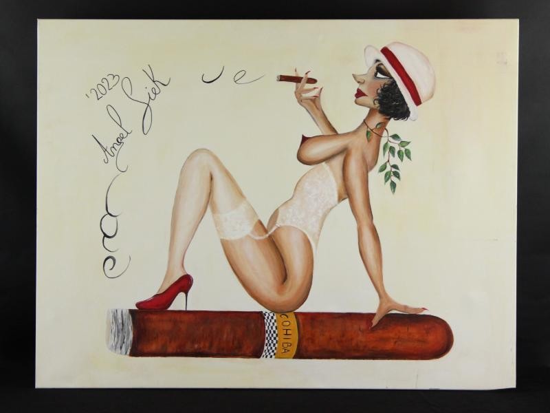 Pin-up schilderij met Cohiba sigaar - gesigneerd Angel Liek 2023