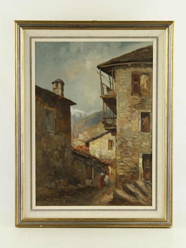 Olieverf op canvas "Italiaans smal dorpsstraatje Luigi Bracchi (1892-1978)