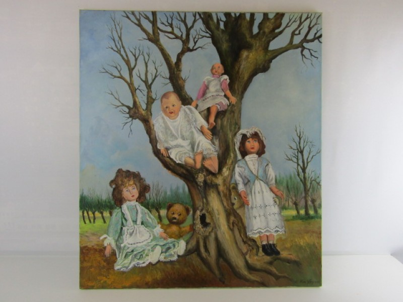 Schilderij op Doek, Poppen en Teddyberen in Landschap, E. Van Looy, 1994